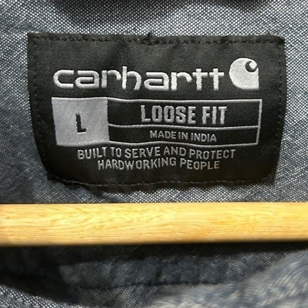 Carhartt Men's Large Loose Fit Chambray Shirt Short Sleeve Dual Pocket Blue - Picture 2 of 4